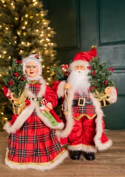 Decorator's Warehouse Christmas Accents^18” Buffalo Plaid Santa And Mrs. Claus Figurine Set