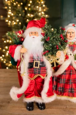 Decorator's Warehouse Christmas Accents^18” Buffalo Plaid Santa And Mrs. Claus Figurine Set