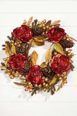 Decorator's Warehouse Christmas Wreaths^24" Burgundy & Gold Peony Laurel Berry Wreath