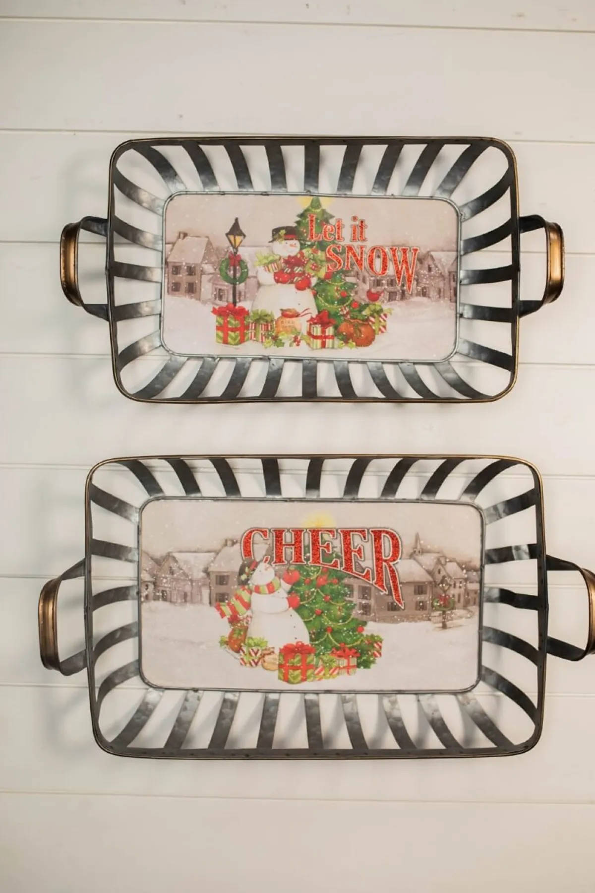 Decorator's Warehouse Christmas Accents^21” Galvanized Metal Holiday Snowman Baskets With Glitter Accent - Set Of 2