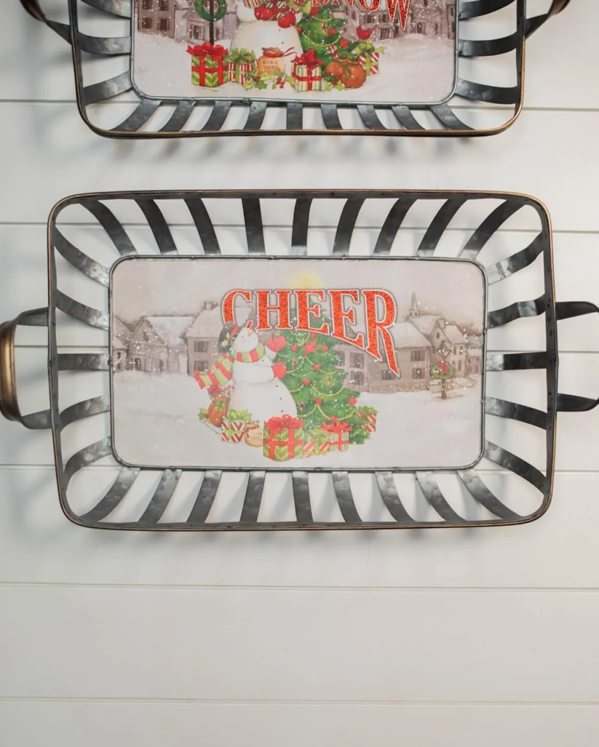 Decorator's Warehouse Christmas Accents^21” Galvanized Metal Holiday Snowman Baskets With Glitter Accent - Set Of 2