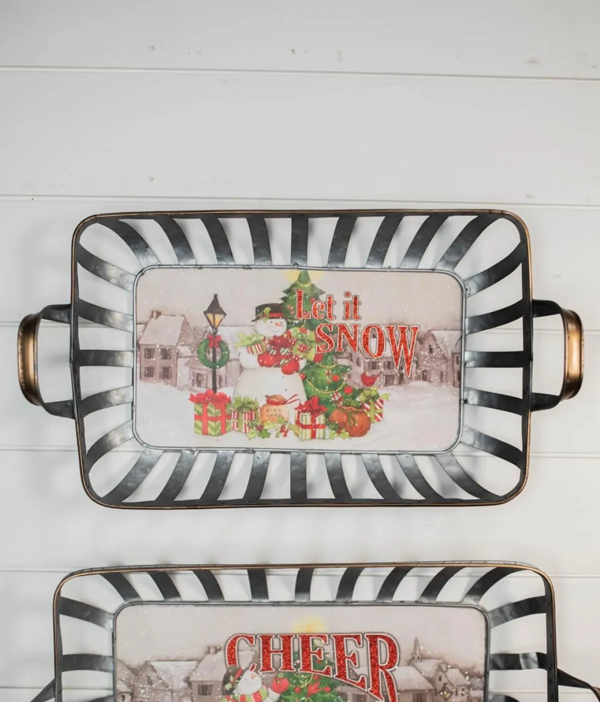 Decorator's Warehouse Christmas Accents^21” Galvanized Metal Holiday Snowman Baskets With Glitter Accent - Set Of 2