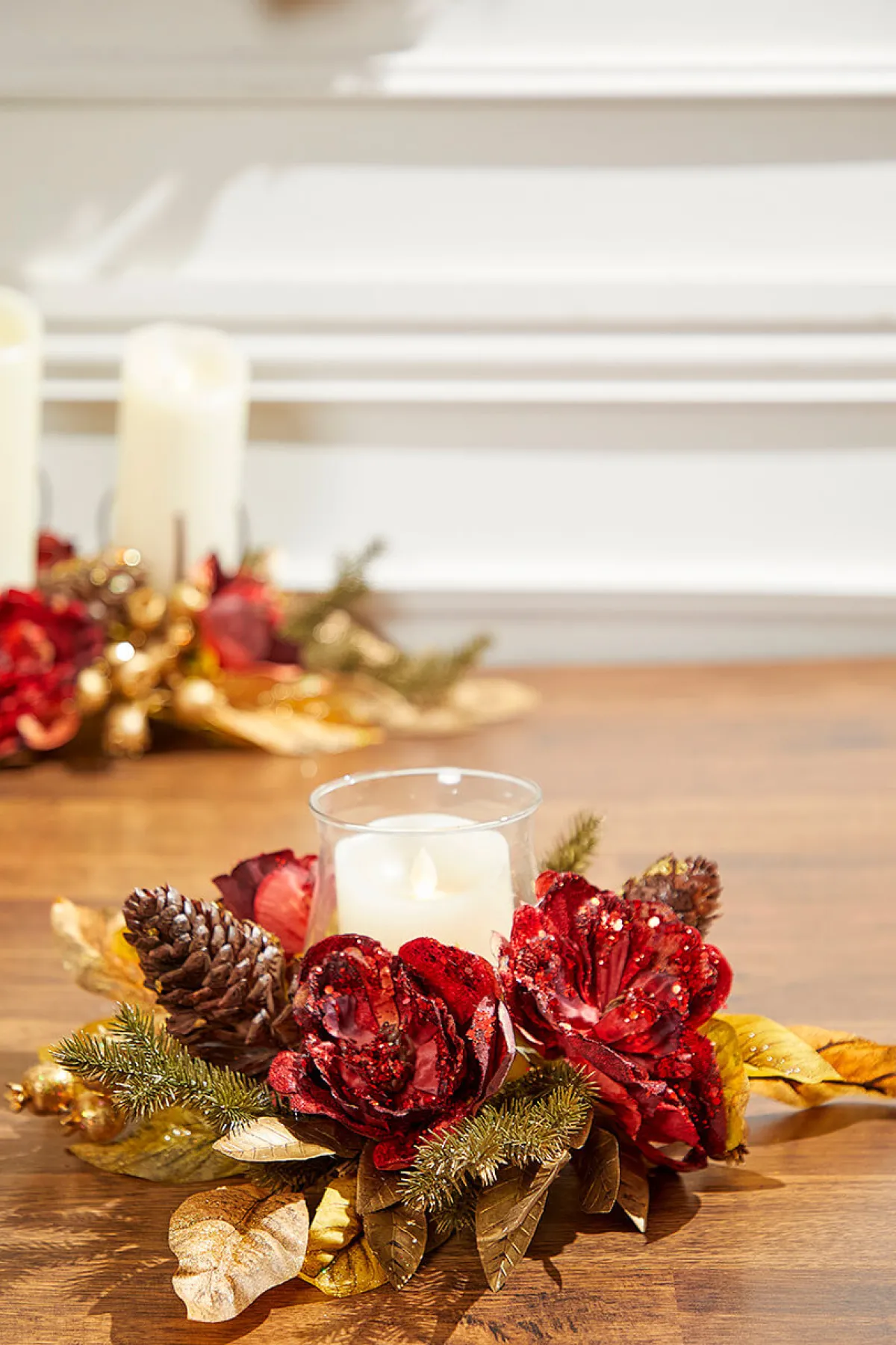 Decorator's Warehouse Christmas Accents^14" Gold Peony Laurel Candle Holder