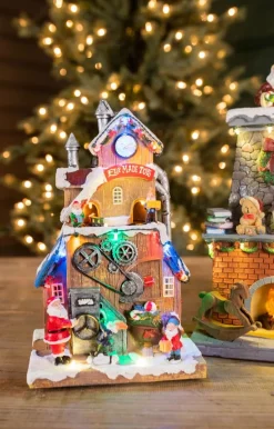 Decorator's Warehouse Christmas Accents^11.4” H B/O Lighted Musical Santa’s Toy Factory With Moving Train