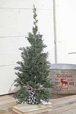 Decorator's Warehouse Christmas Accents^24" Plastic Cedar Tree In Black & White Buffalo Fabric Bucket