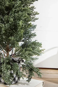 Decorator's Warehouse Christmas Accents^24" Plastic Cedar Tree In Black & White Buffalo Fabric Bucket