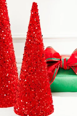 Decorator's Warehouse Christmas Accents^18"-24" Red Sequin Cone Tree - Set Of 2