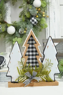 Decorator's Warehouse Christmas Accents^12" Wood Holiday Trees With Plaid Bow