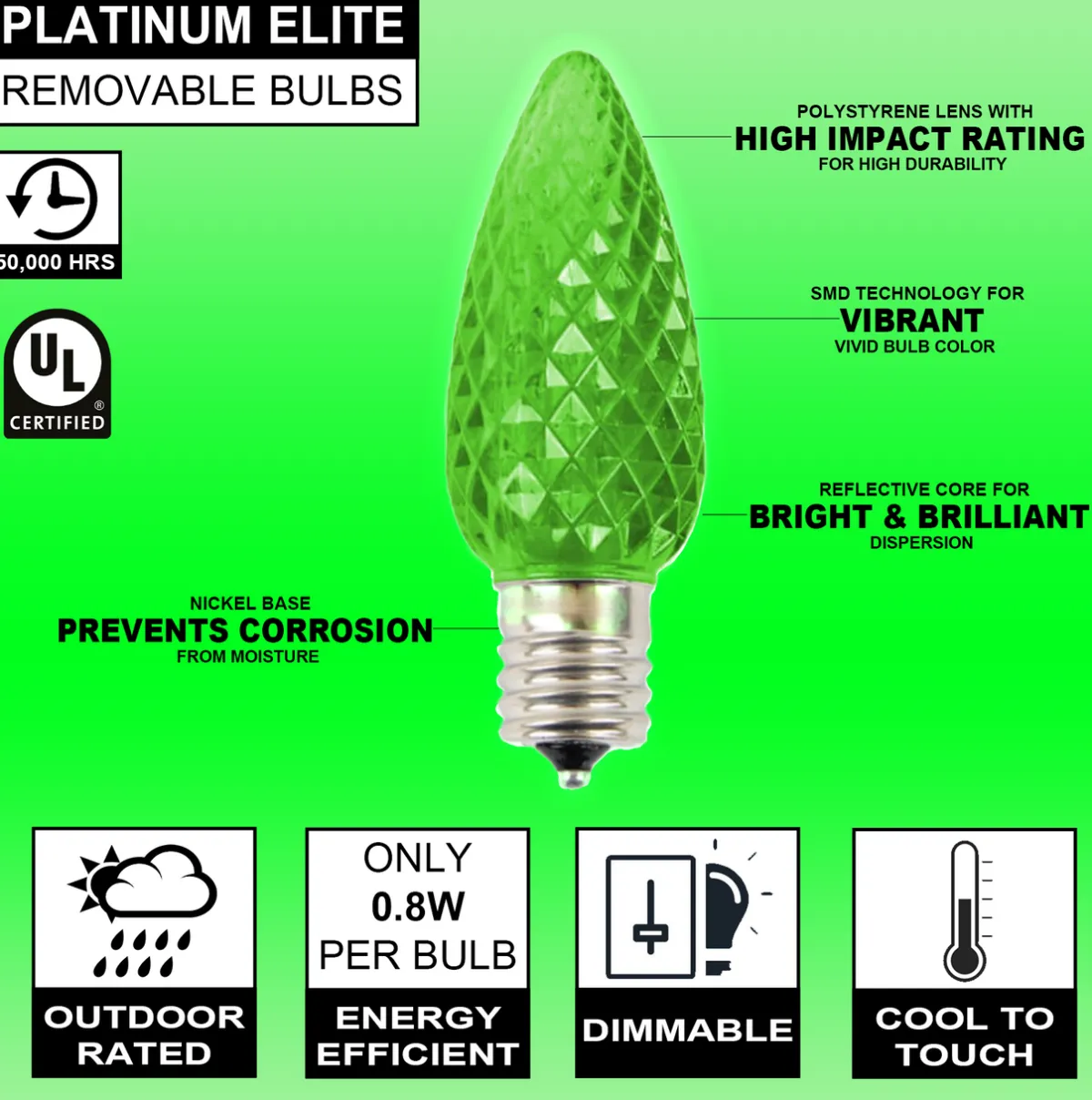 Decorator's Warehouse Bulbs|Outdoor Lighting^C9 Platinum Elite LED SMD Bulb (25 Bulbs/bag) - Faceted, Green