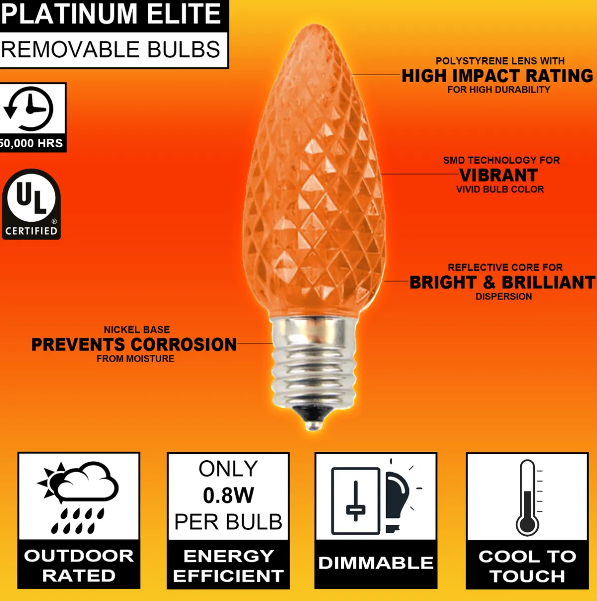 Decorator's Warehouse Bulbs|Outdoor Lighting^C9 Platinum Elite LED SMD Bulb (25 Bulbs/bag) - Faceted, Orange