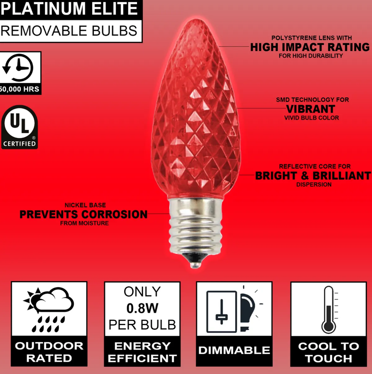 Decorator's Warehouse Bulbs|Outdoor Lighting^C9 Platinum Elite LED SMD Bulb (25 Bulbs/bag) - Faceted, Red