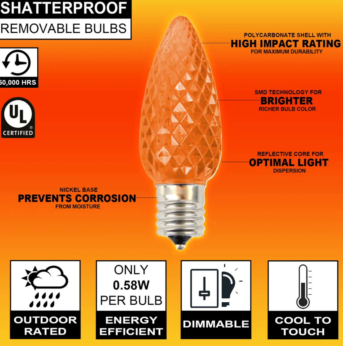 Decorator's Warehouse Bulbs|Outdoor Lighting^C9 Wonderful LED SMD Bulb (25 Bulbs/bag) - Faceted, Orange