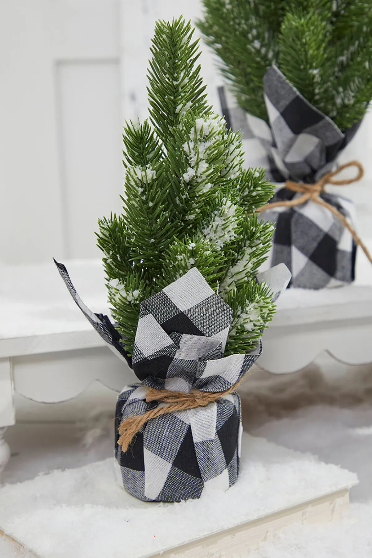 Decorator's Warehouse Christmas Accents^Flocked Pine Tree With Plaid Fabric - Small