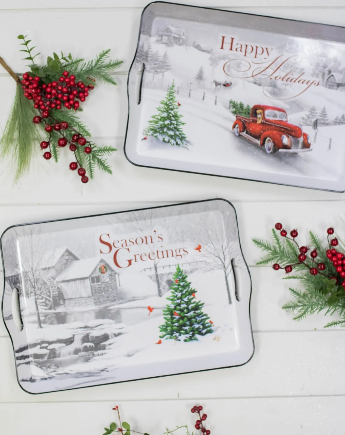 Decorator's Warehouse Christmas Accents^17.3”L Holiday Farmhouse Red Truck Scene Tray