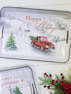 Decorator's Warehouse Christmas Accents^17.3”L Holiday Farmhouse Red Truck Scene Tray