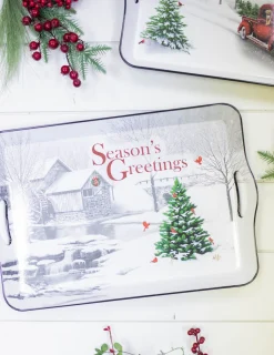 Decorator's Warehouse Christmas Accents^17.3”L Holiday Farmhouse Red Truck Scene Tray