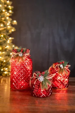 Decorator's Warehouse Christmas Accents^Lighted Holiday Glass Luminary W/ Floral Accent And Timer (battery Operated) - Set Of 3