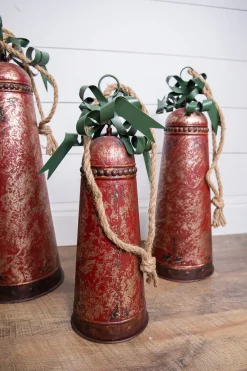 Decorator's Warehouse Christmas Accents^Metal Holiday Bells With Bow & Jute Hanger - Set Of 3
